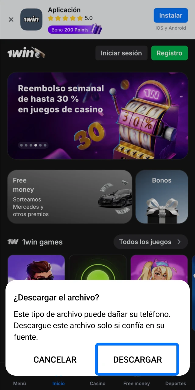 Confirmá el aviso en pantalla para permitir que empiece la descarga del APK de 1win.