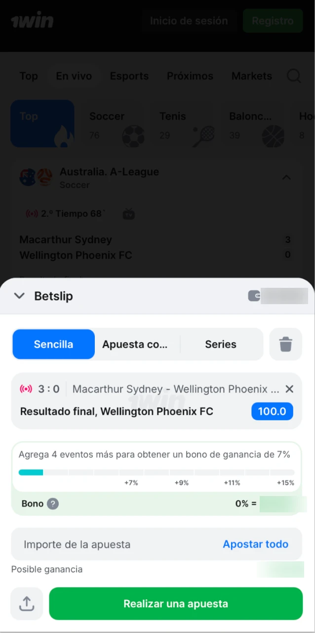 Tocá tu selección en la app de 1win y elegí apuesta sencilla, combinada o sistema.