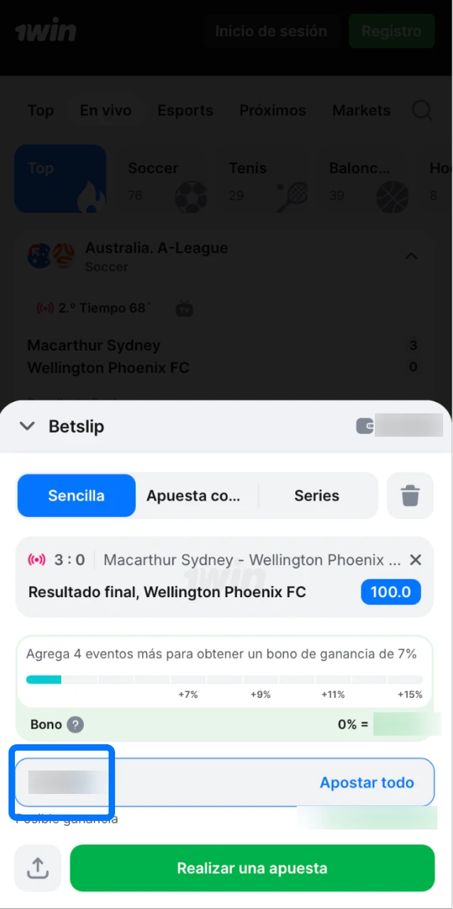 Escribí tu monto en la app de 1win, revisá el pago potencial y confirmá la apuesta.