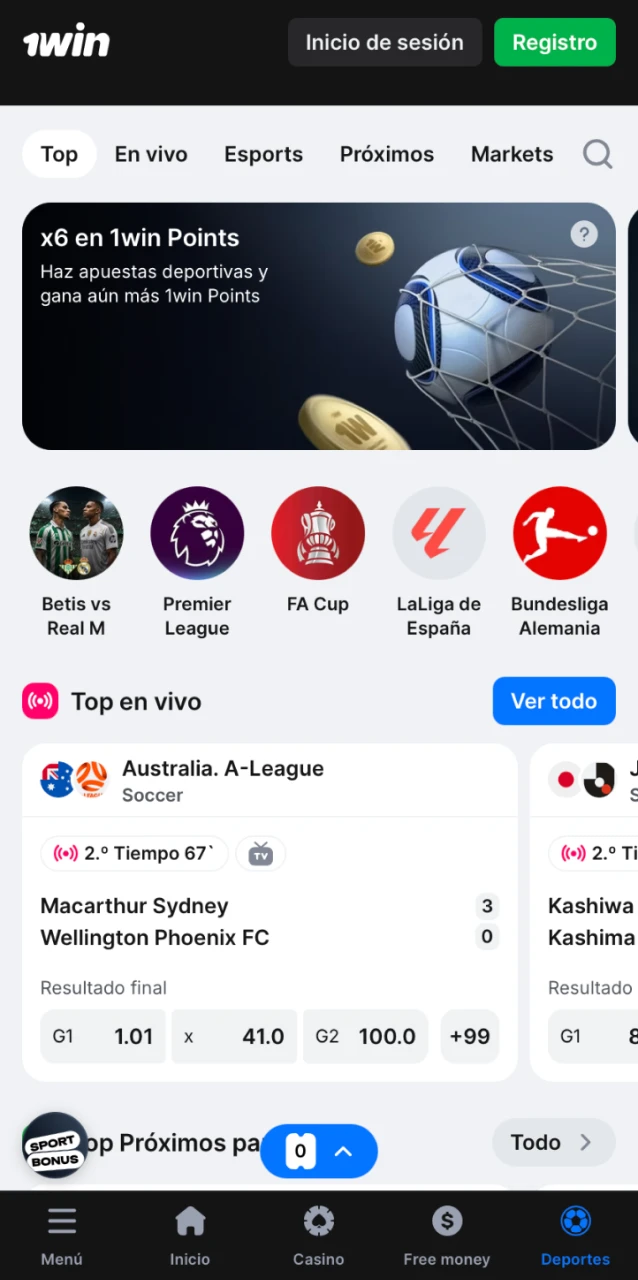 Elegí deportes en la app de 1win y entrá a la sección Línea o En Vivo.