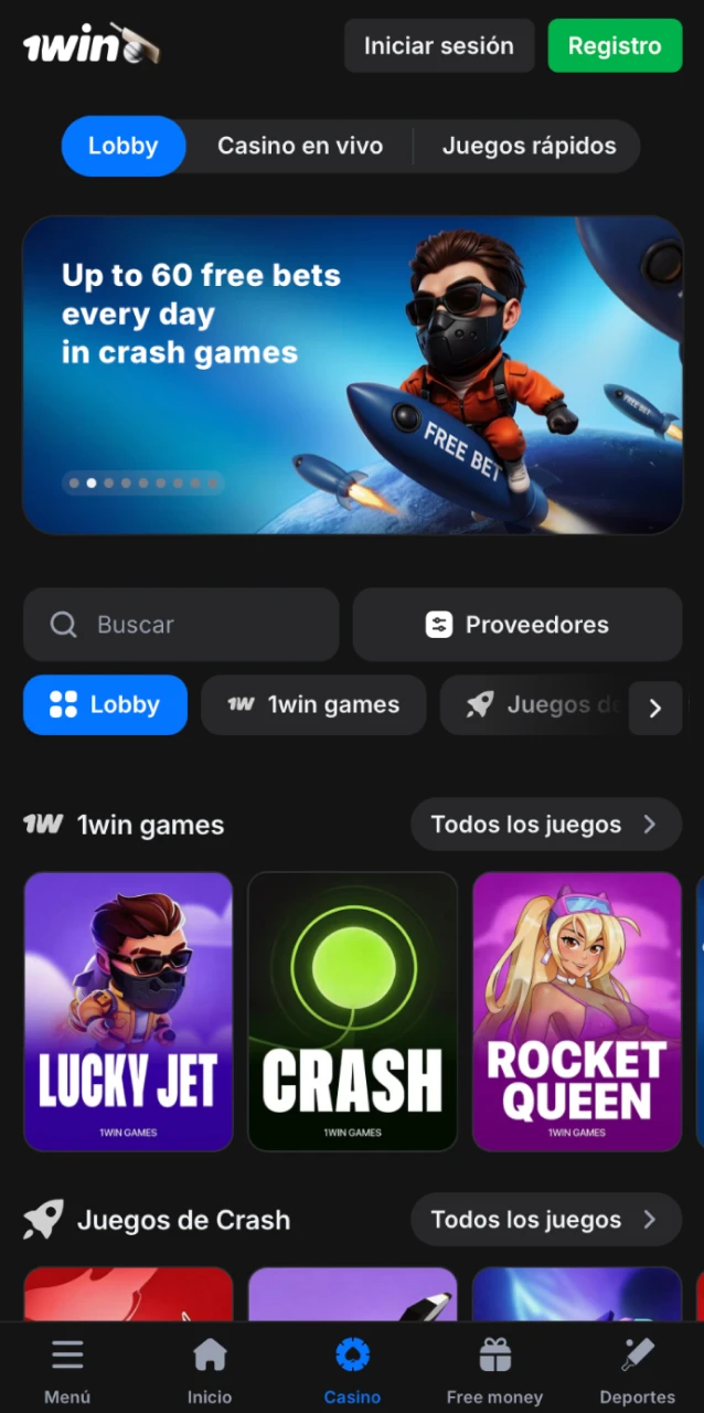 Lobby de casino online en la app 1win con tragamonedas y juegos de mesa desde México.