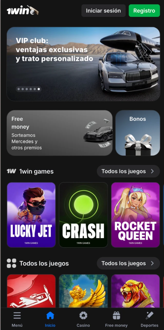Pantalla principal de la app 1win con acceso directo a deportes, casino y promociones desde México.