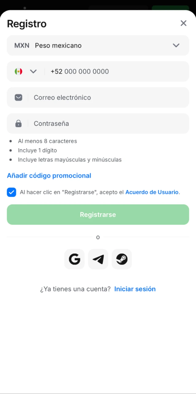 Escribí tus datos personales en la app de 1win, elegí México como país y seleccioná tu moneda preferida.