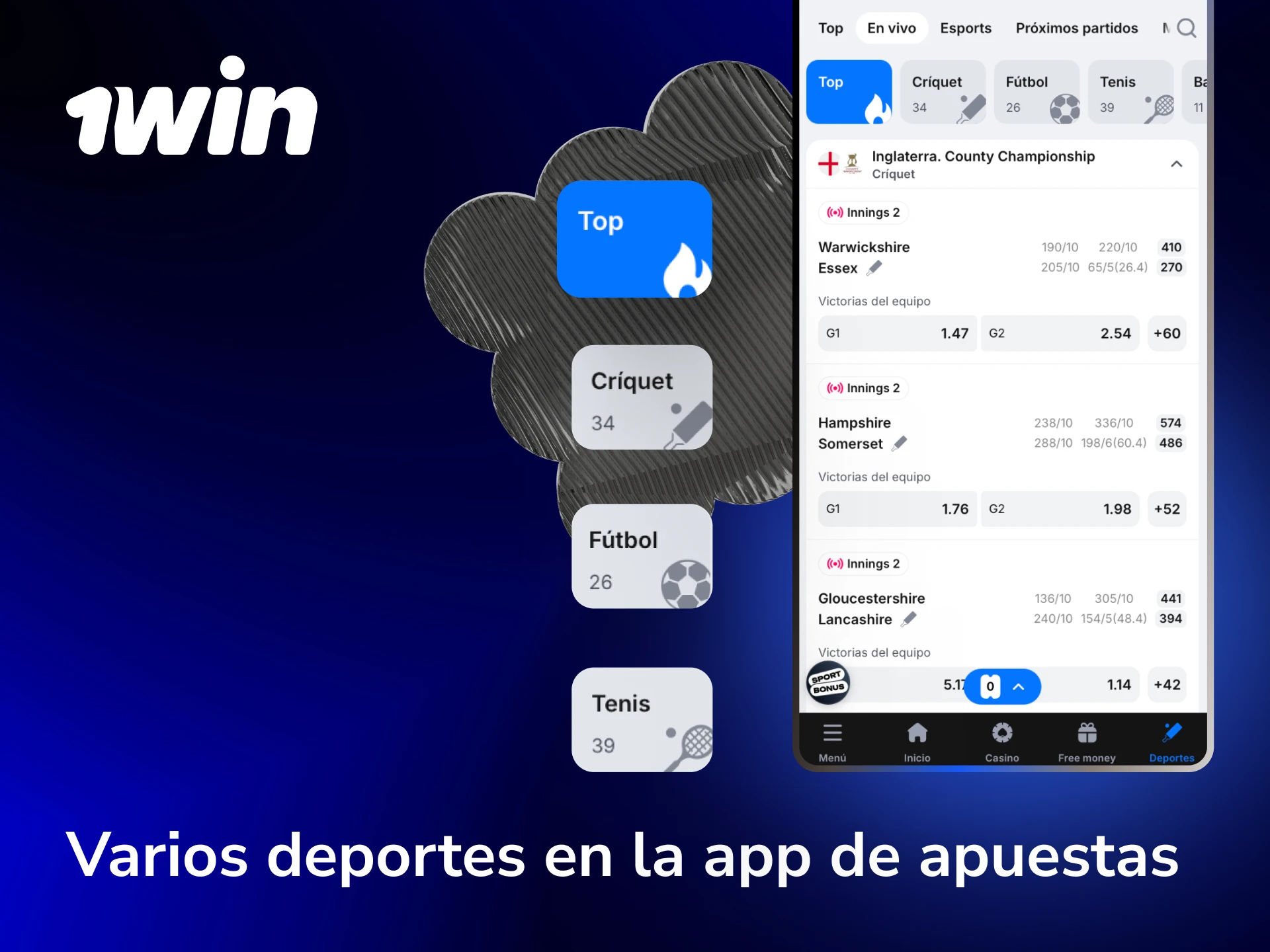 Varios deportes disponibles en la app de apuestas de 1win como fútbol, tenis y básquet.