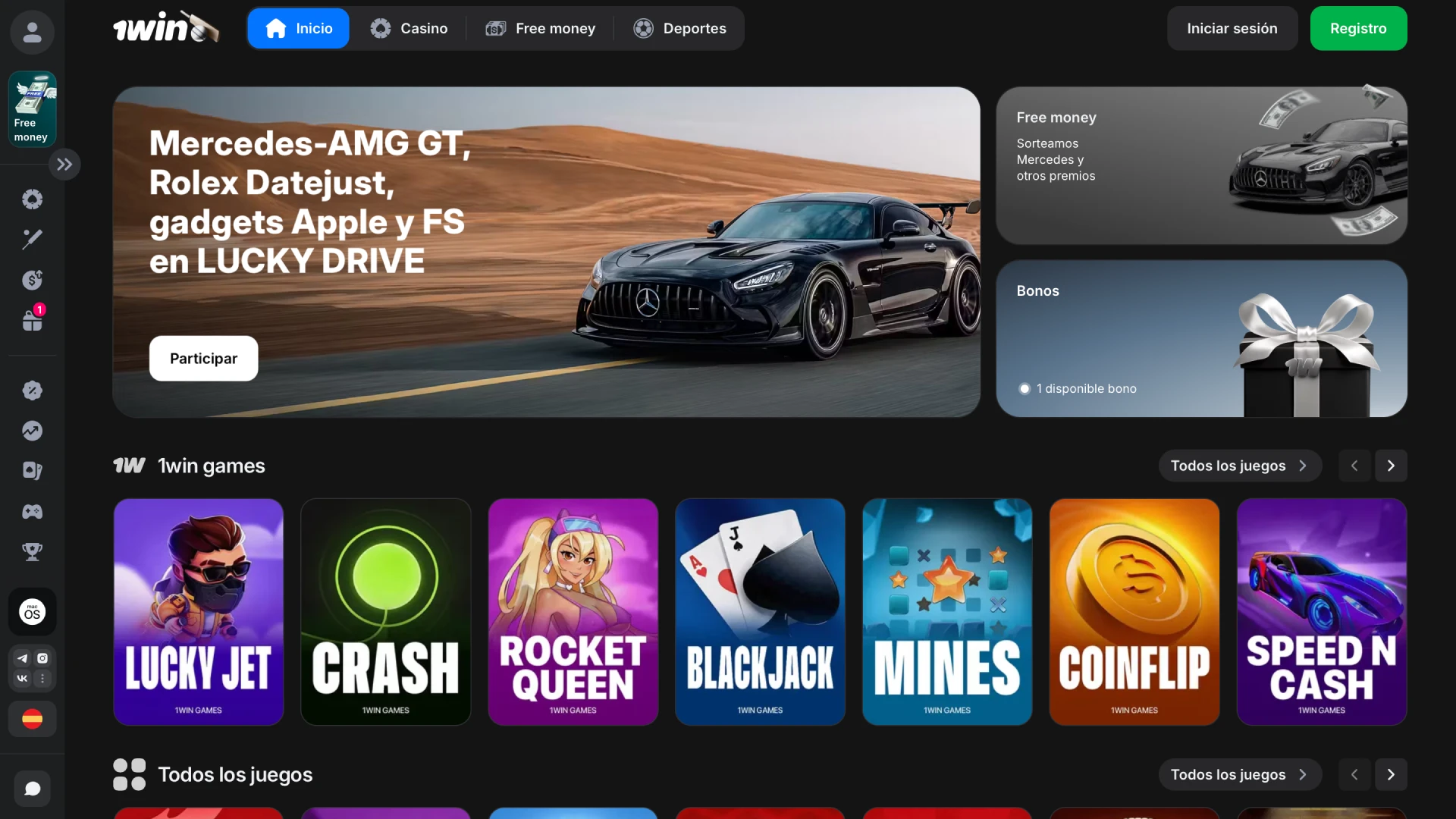 Vista principal del sitio oficial de 1win con acceso a deportes, casino y promociones desde México.