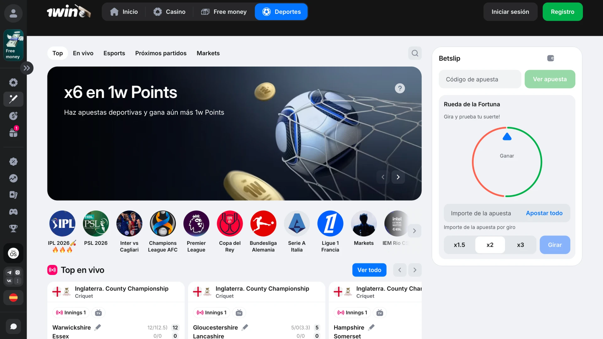 Interfaz de apuestas deportivas de 1win con cuotas actualizadas y eventos en vivo para México.