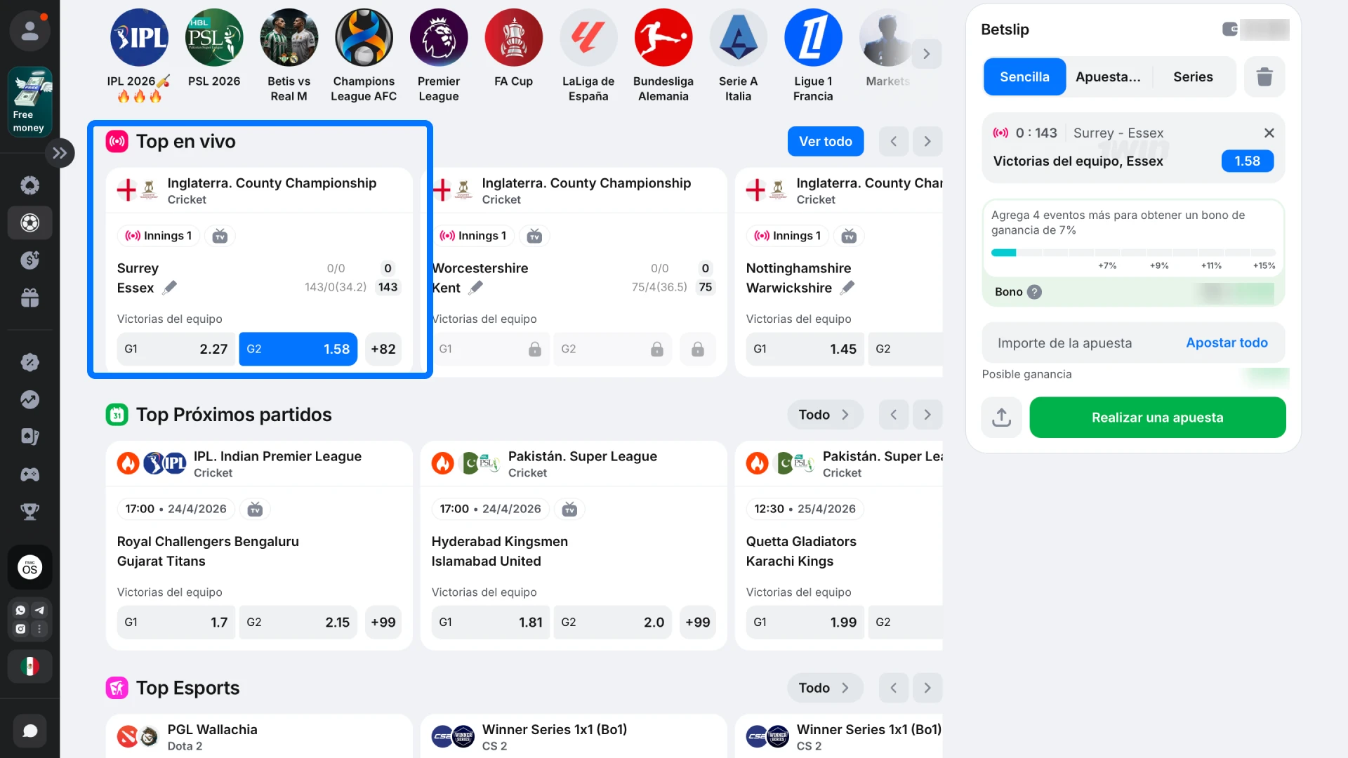 Tocá el momio de ganador, totales o hándicap según tu preferencia en 1win.